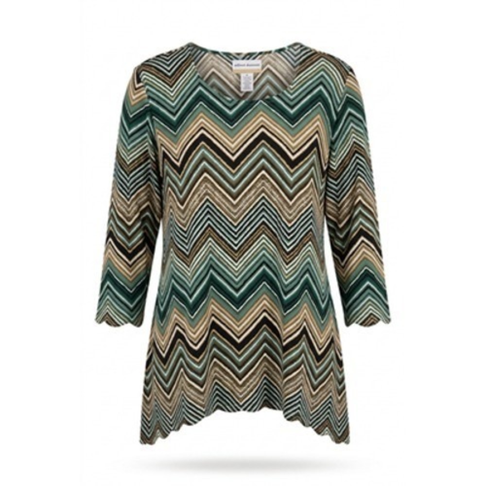 Alfred Dunner Woman 1X Chevron Tunic Top Green Tan Black Hanky Hem 3/4 Sleeve